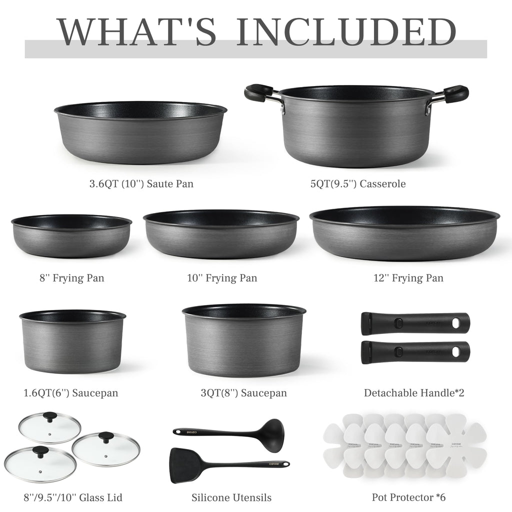 CAROTE 17pcs Pots and Pans Set, Nonstick Cookware Set Detachable Handle, Induction Kitchen Cookware Sets Non Stick with Removable Handle, RV Cookware Set, Oven Safe