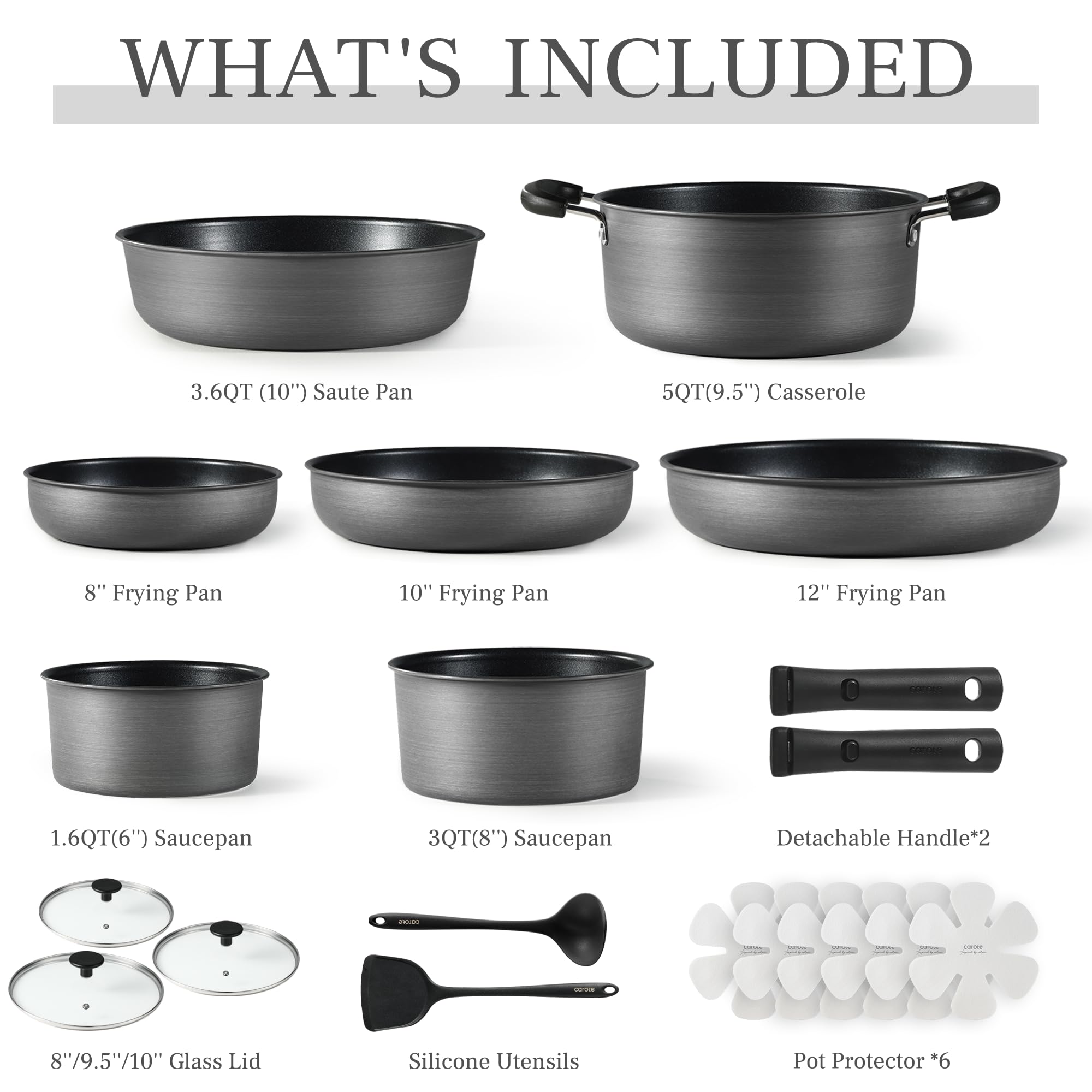 CAROTE 17pcs Pots and Pans Set, Nonstick Cookware Set Detachable Handle, Induction Kitchen Cookware Sets Non Stick with Removable Handle, RV Cookware Set, Oven Safe