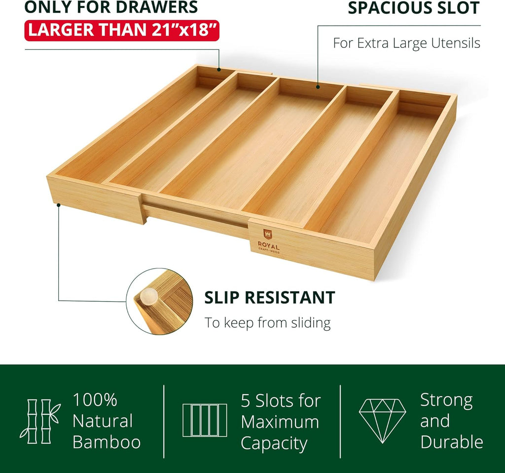 ROYAL CRAFT WOOD Luxury Bamboo Kitchen Drawer Organizer - Expandable Utensil Organizer for Drawer - Multi-Use Drawer Organizer Set