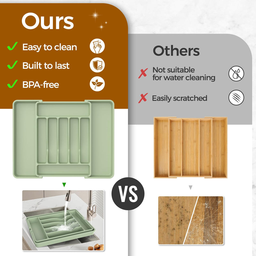 Extra Large Expandable Silverware Organizer, BPA-Free Food-Safe Cutlery Flatware Organizer, Kitchen Utensil Drawer Organizer, Adjustable Silverware Holder for Spoons Forks Knives, Black