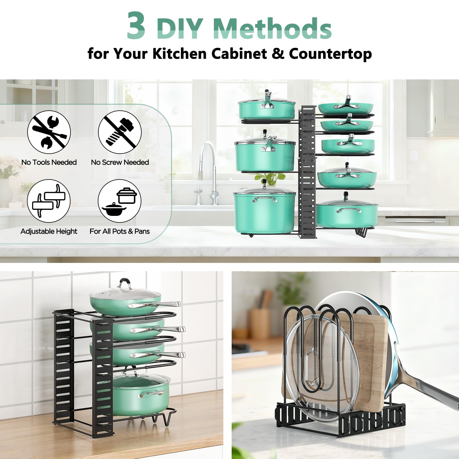 ORDORA Pots and Pans Organizer for Cabinet 16.61 Height, 8 Tier Pot Organizers Rack with 3 DIY Methods, Adjustable Pan Organizer under Cabinet Kitchen Organization and Storage