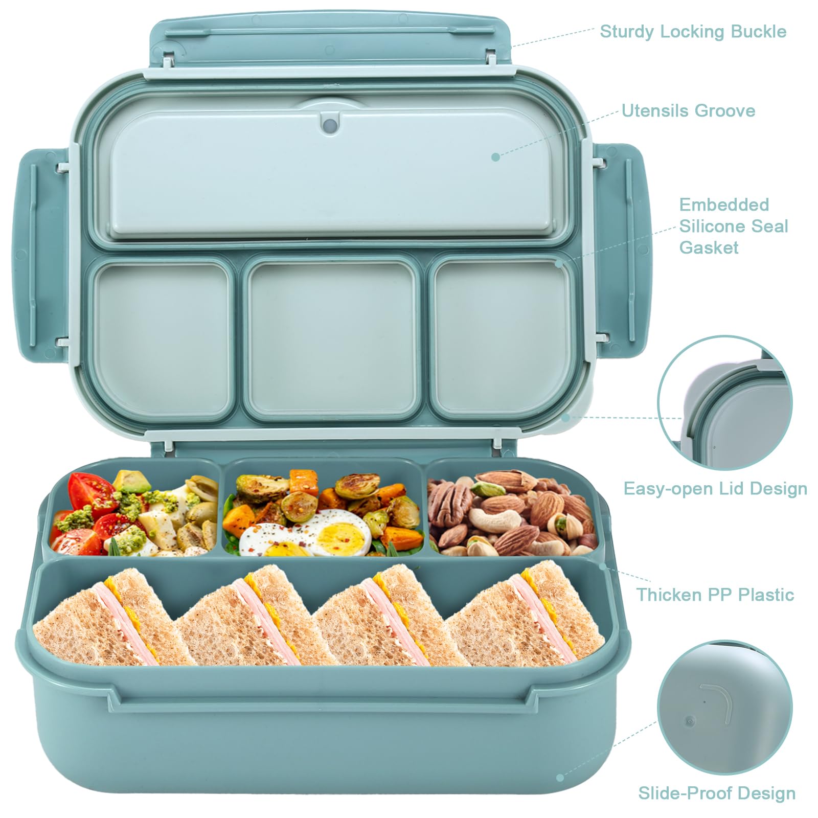 Bento Box Adult Lunch Box, Containers for Adults Men Women with 4 Compartments, Lunchable Food Container with Utensils, Sauce Jar, Muffin Liners, 40 Oz/5 Cup, Microwave & Dishwasher Safe, Brown