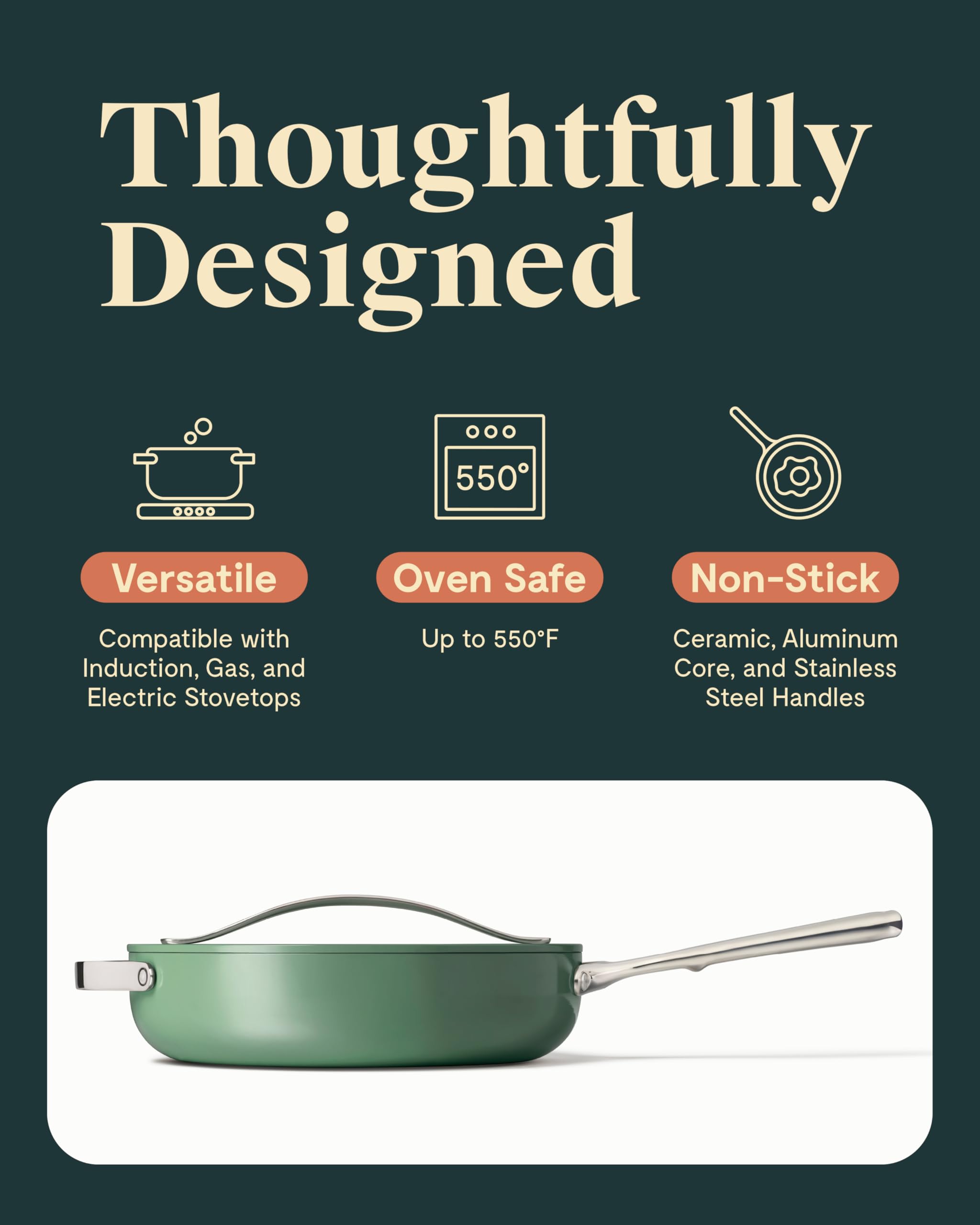 Caraway Nonstick Ceramic Sauté Pan with Lid (4.5 qt, 11.8") - Non Toxic, PTFE & PFOA Free - Oven Safe & Compatible with All Stovetops (Gas, Electric & Induction) - Cream