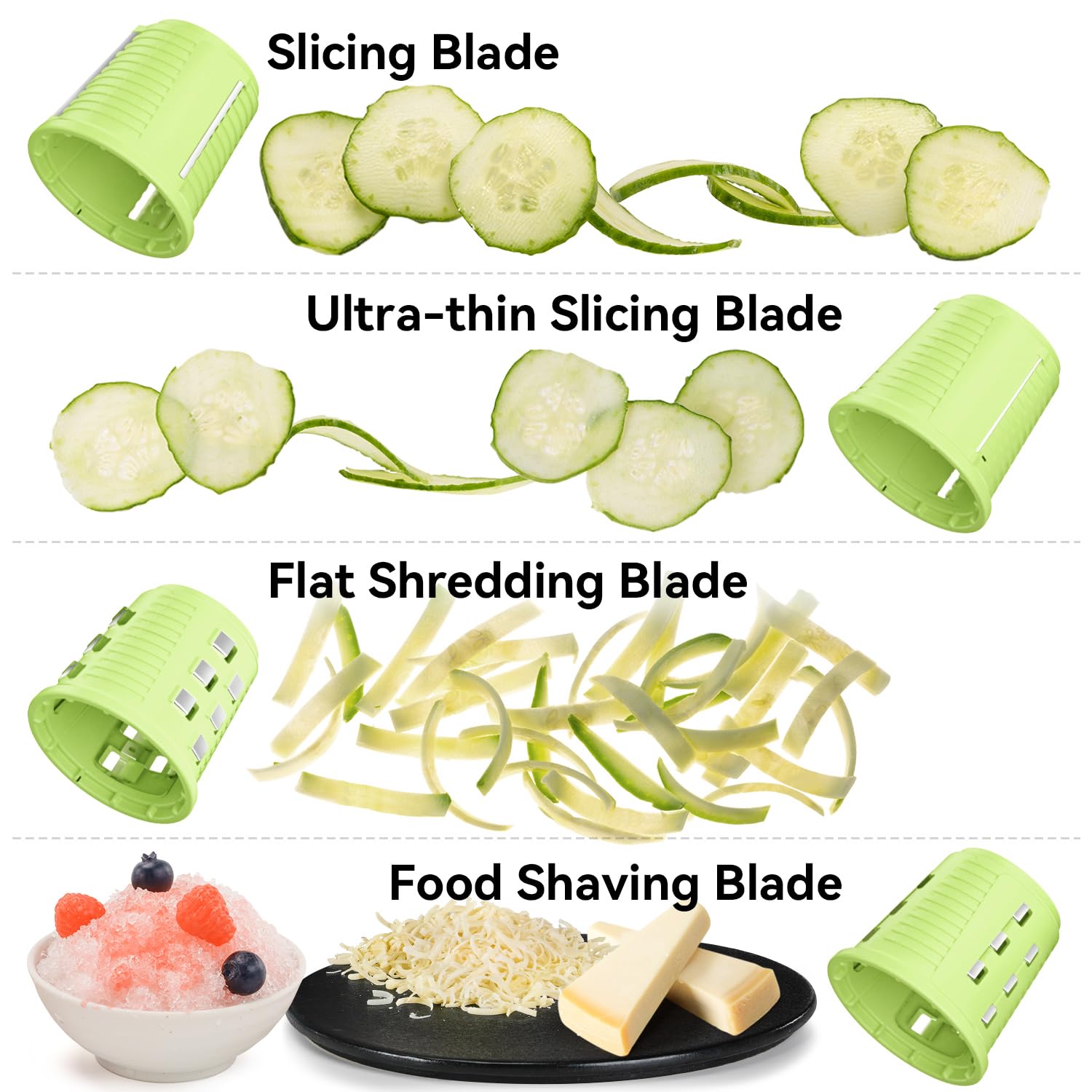 KEOUKE Electric Handheld Salad Shooter Green - Cordless Rechargeable Kitchen Vegetabler Cutter One Touch Control, Slicing, Shredding, Ice Shaving, 4 Blades, Dual Storage Cups, Overheat Protection