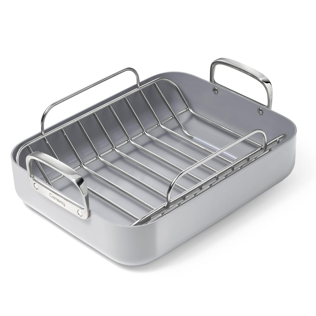 Caraway Roasting Pan - 16x13” Roasting Pan with Rack - Non-Stick Ceramic Coated - Non Toxic, PTFE & PFOA Free - Oven Safe & Compatible with All Stovetops - Cream