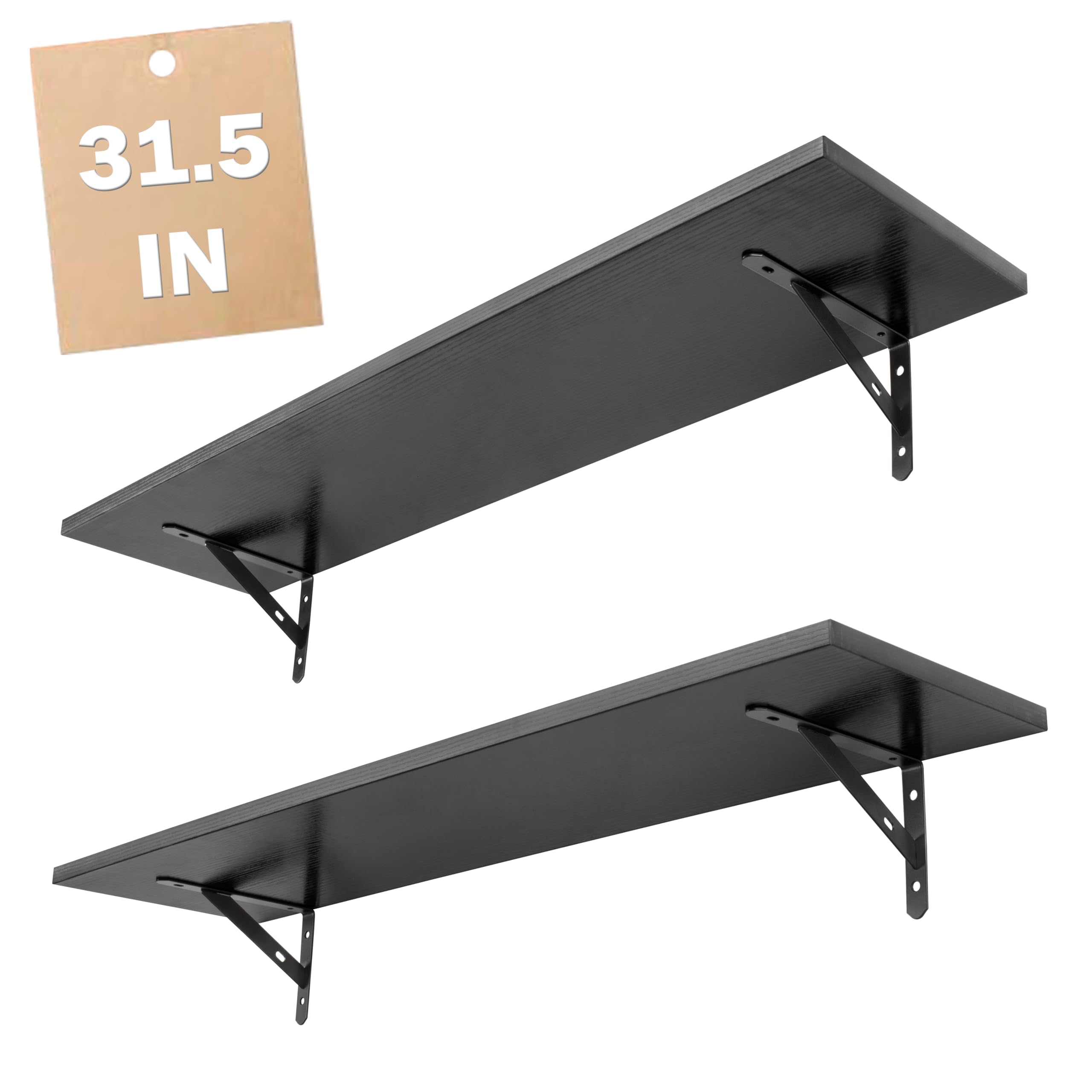 RedCall Floating Shelves for Wall,31.5 Inch Wall Mounted Shelves Set of 2,Long Board Shelves for Bedroom,Living Room, Bathroom & Kitchen Storage with Metal Brackets (Black)