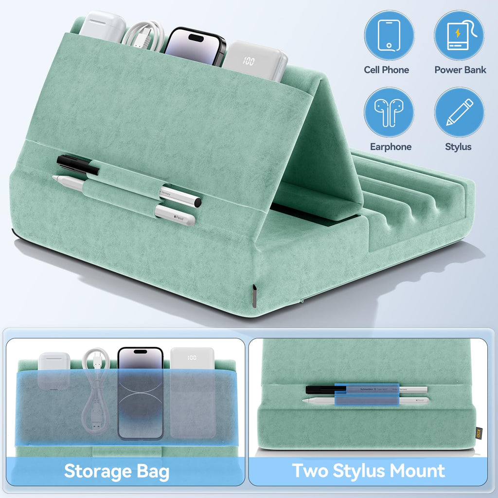 KDD Tablet Pillow Holder, Foldable iPad Stand for Lap, Bed and Desk -Tablet Soft Pad Dock with Pocket & Stylus Mount Compatible with iPad Pro 12.9, 10.5, 9.7 Air Mini 6 5 4 3, Galaxy Tab,E-Reader