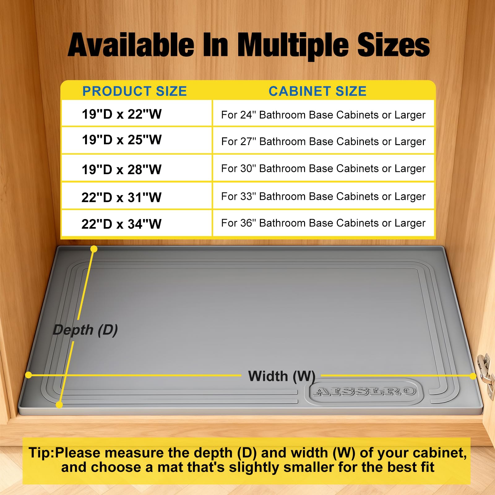 Aisslro Under Sink Mat 22" X 19", Waterproof Silicone Cabinet Protector with Raised Edge, Kitchen & Bathroom Leak Tray, Shelf Liner & Pet Feeding Mat for Dog Cat Food Mats, Light Gray