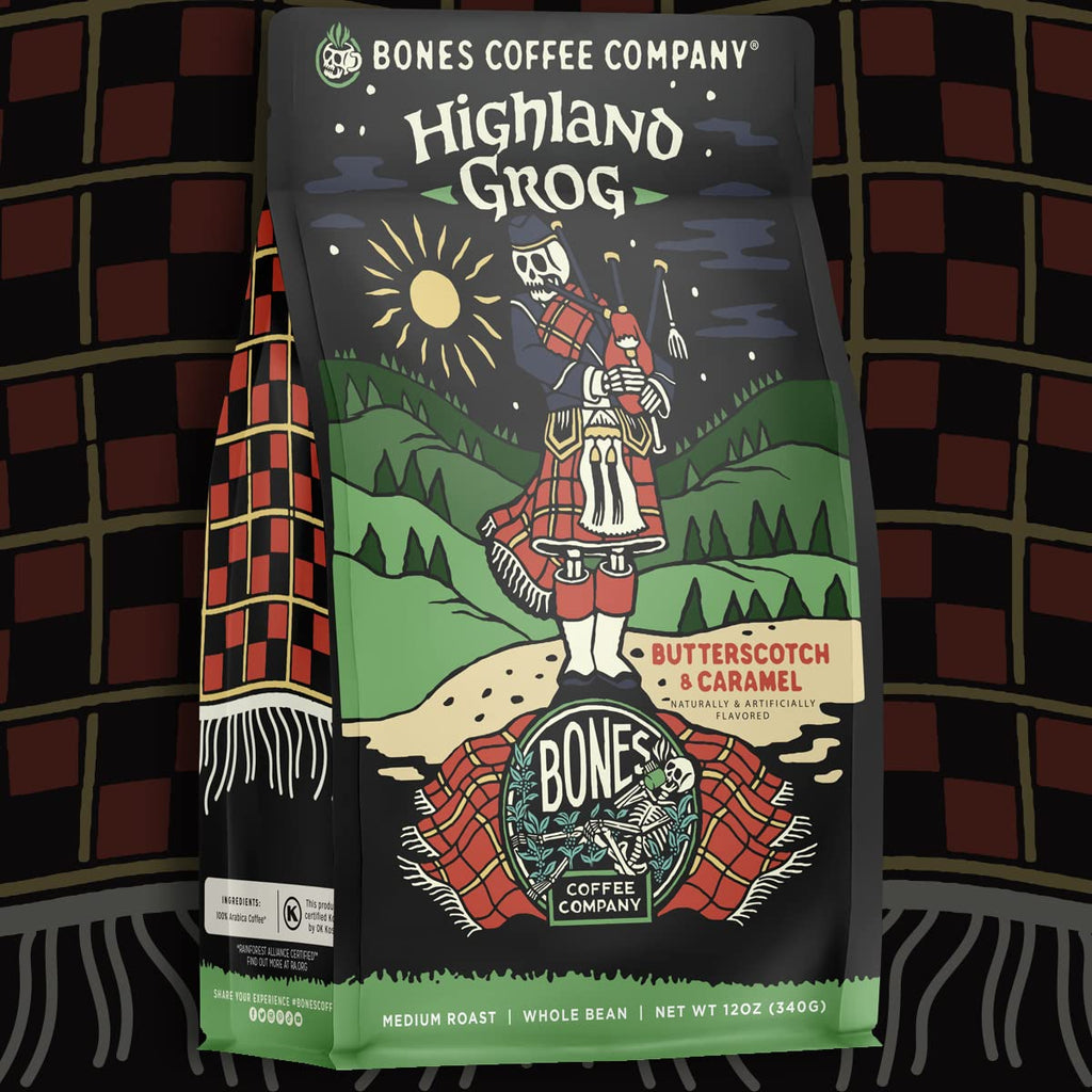 Bones Coffee Company Highland Grog, Butterscotch Caramel Flavored Coffee, Medium Roast Low Acid Arabica Beans Compatible with Auto drip and French Press Coffee Maker, 12 Oz Whole Bean