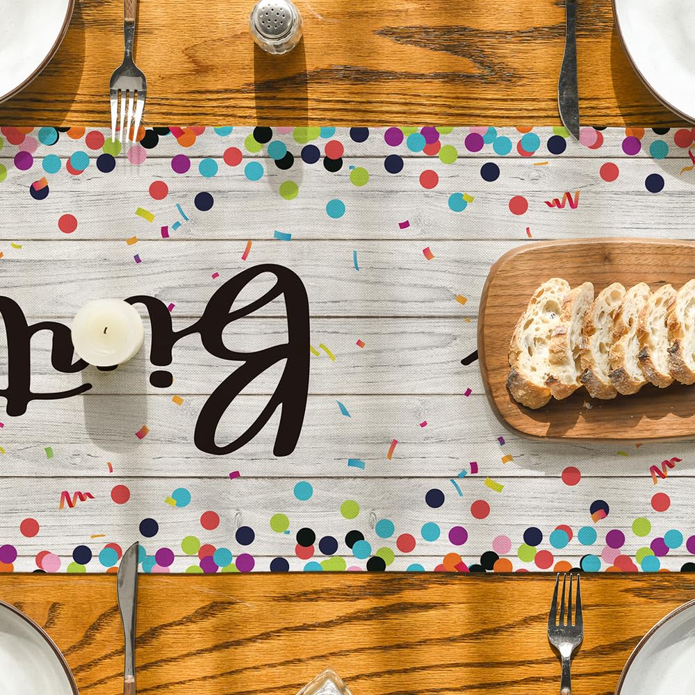 Artoid Mode Polka Dot Beige Happy Birthday Table Runner, Seasonal Kitchen Dining Table Decoration for Home Party Decor 13x72 Inch