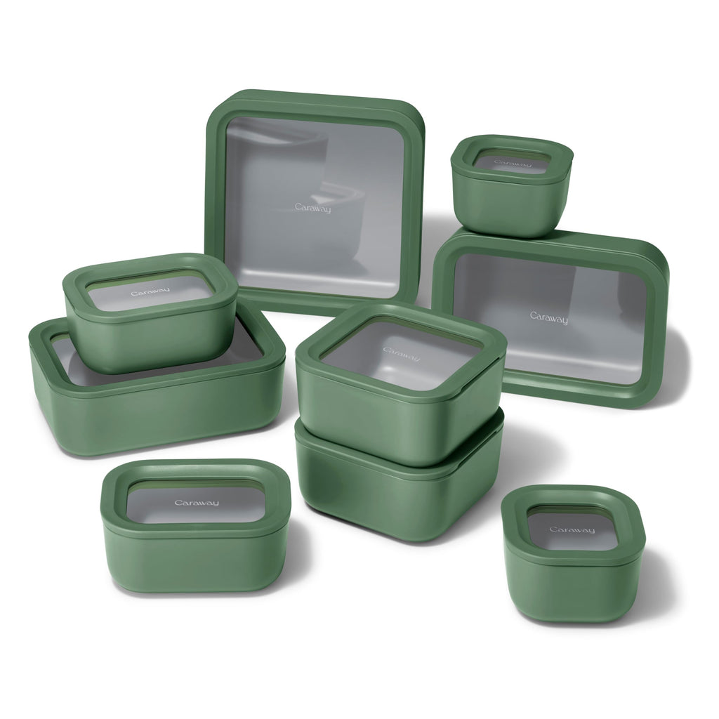 Caraway 13pc Glass Food Storage Container Set - Easy to Store, Non Toxic Lunch Box - with Glass Lids - Includes Storage Organizer - Cream