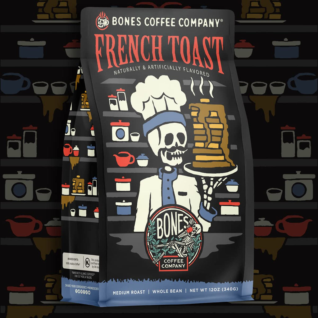 Bones Coffee Company Cinnamon Roll Flavored Coffee, Medium Roast Low Acid Arabica Beans Compatible with Auto drip and French Press Coffee Maker, 12 Oz Ground