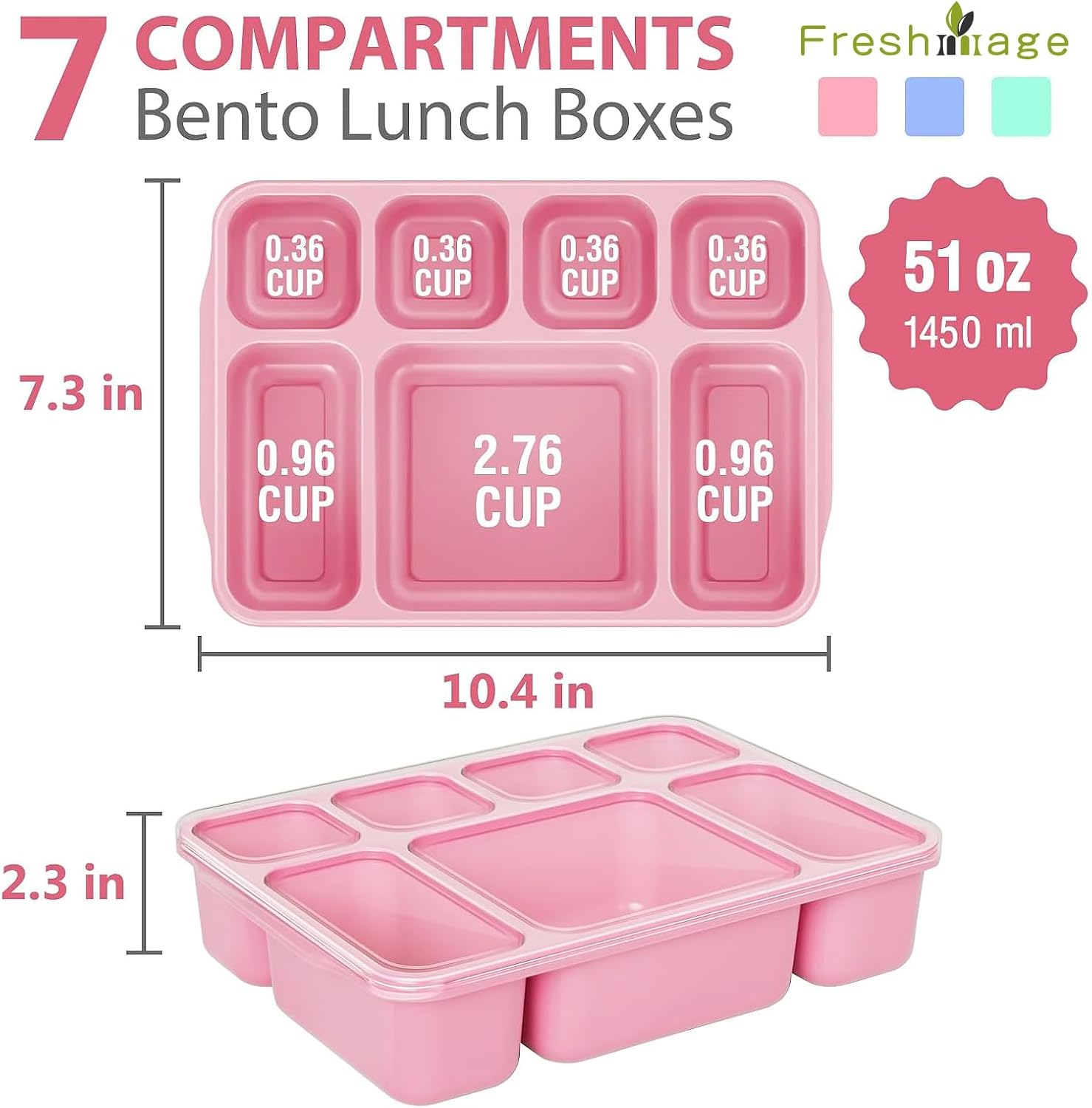Freshmage Bento Box Lunch Box 3 Pack, 7-Compartment Meal Prep Containers with Lids, Reusable Stackable Snack Containers for Adults, BPA-Free, Microwave & Dishwasher Safe (3 Colors)