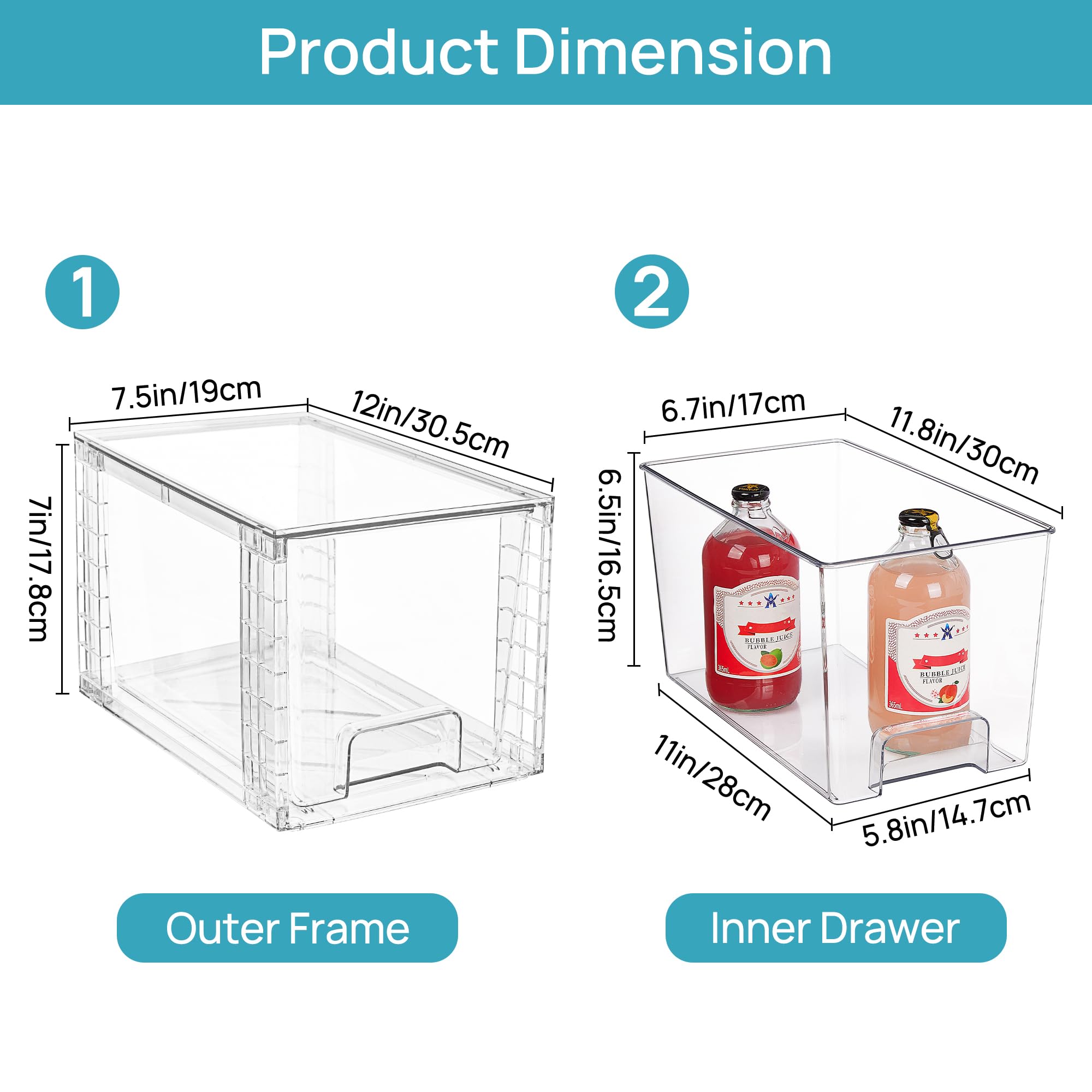 Vtopmart 4 Pack Stackable Storage Drawers,Clear Acrylic Drawer Organizers with Handles, Easily Assemble for Fridge, Bathroom,Kitchen Undersink,Cabinet,Pantry Organization and Storage