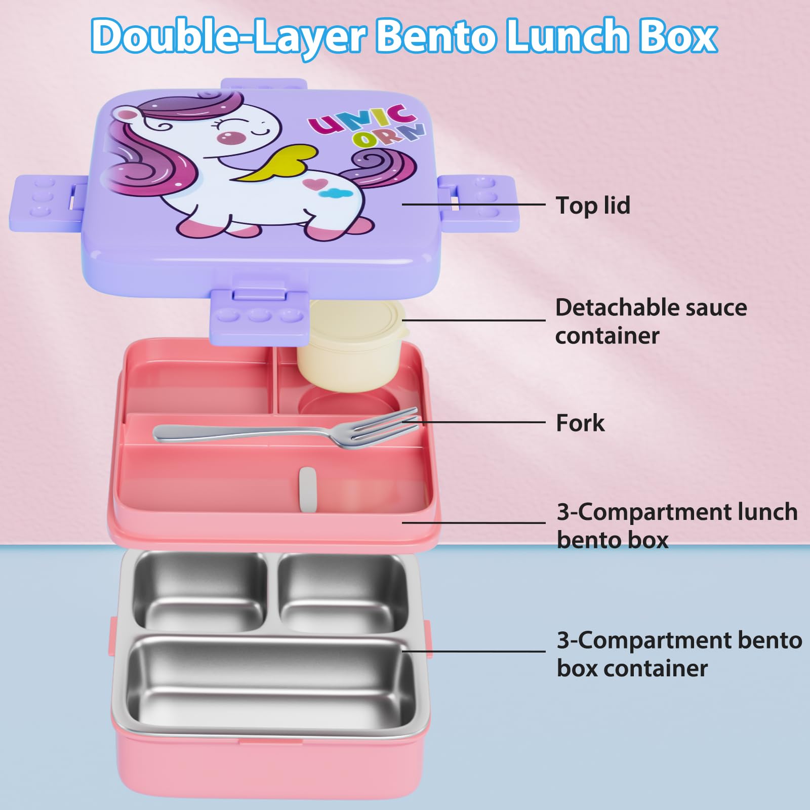 Freshmage Stainless Steel Double-Layer Bento Box Container with 3 Compartments, Large Capacity Leakproof and BPA Free Bento Lunch Box, Durable,Drop-Proof, Dishwasher Safe, Pink
