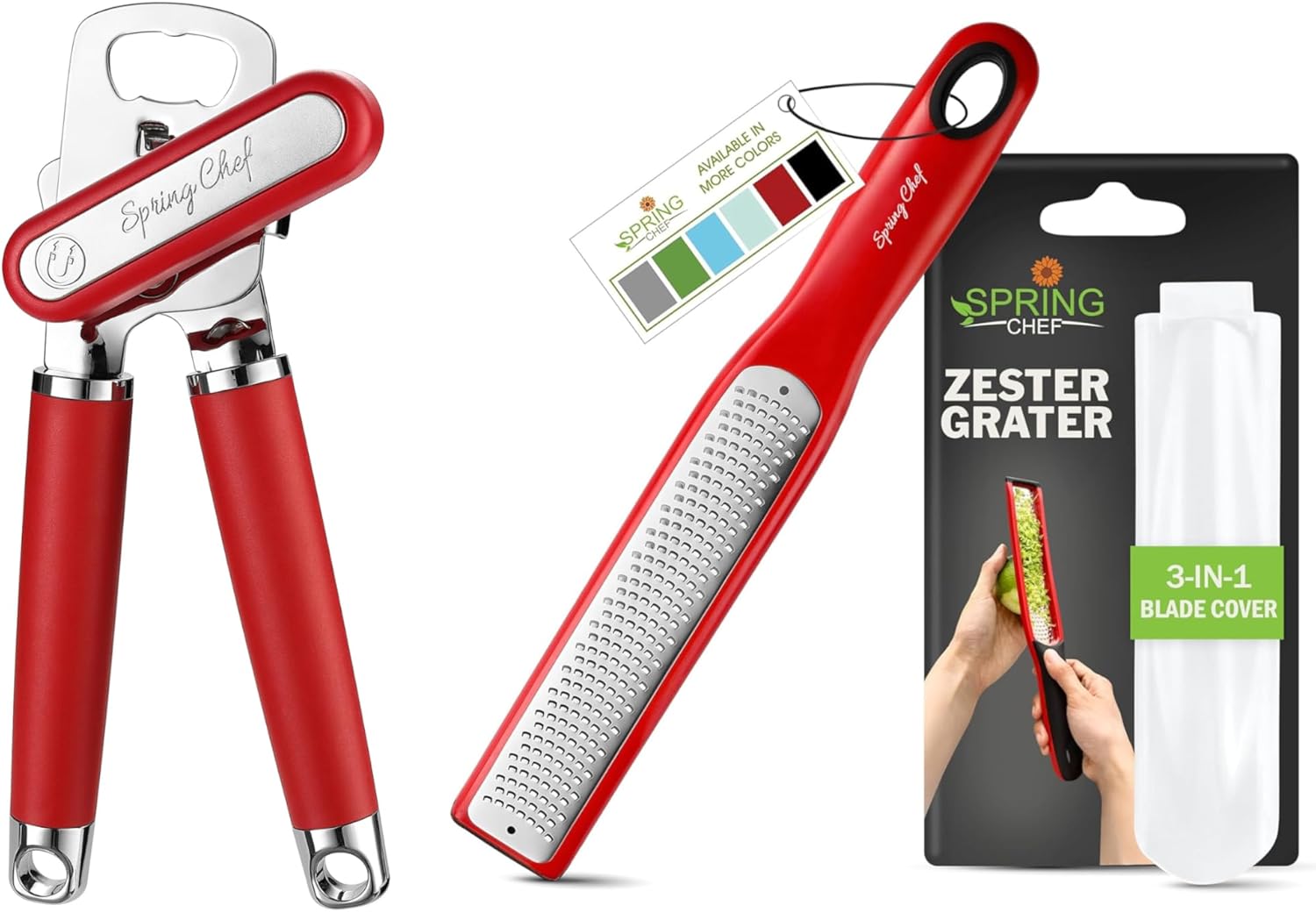 Spring Chef Stainless Steel Can Opener with Built-in Magnetic Lid Remover & Premium Lemon Zester with Blade Cover, Fine Shred - 2 Product Bundle - Red