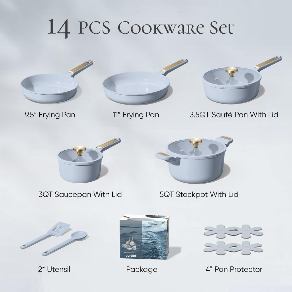 CAROTE Ceramic Cookware Set Nonstick, 14pcs Pots and Pans Set Nonstick, Non-Toxic & PFAS-Free, Dishwasher, RV/Camping Cookware Set, Cooking Pots with Lids, Charcoal Black