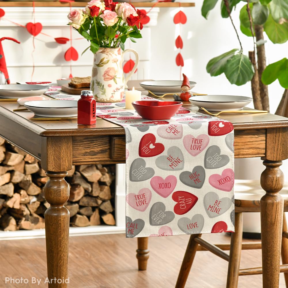 Artoid Mode Ture Love Heart Valentine's Day Table Runner, Seasonal Kitchen Dining Table Decoration for Home Party Decor 13x72 Inch