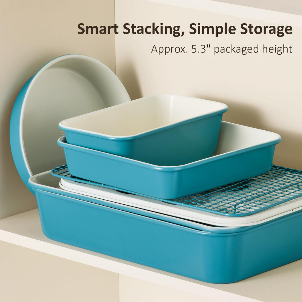 CAROTE 6-Piece Nonstick Ceramic Baking Pans Set - Bakeware Sets Including Cookie Sheets for Baking, Muffin Pan, Bread Pan, Cake pan, Loaf Pan, Cooling Rack, Light Blue & Cream White