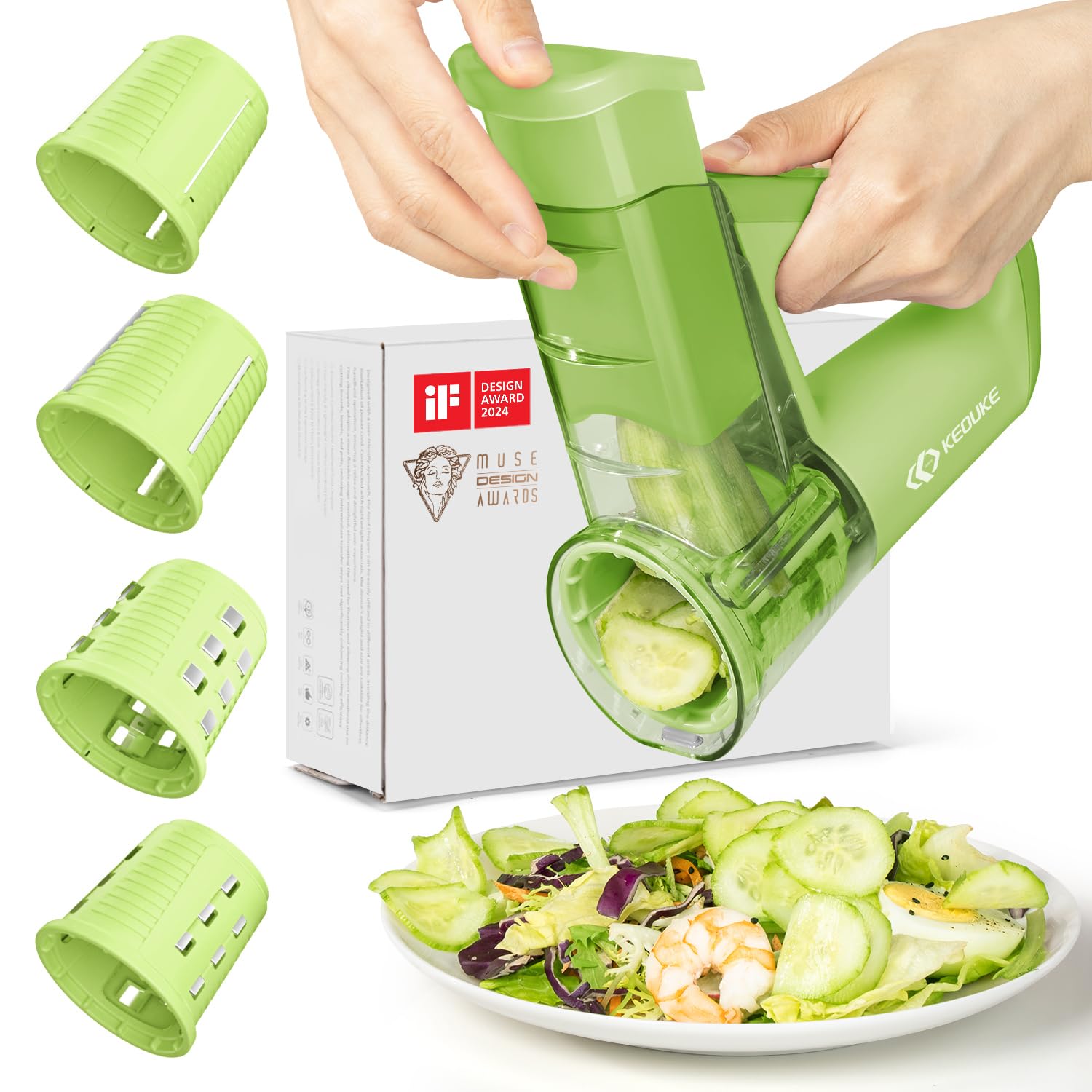 KEOUKE Electric Handheld Salad Shooter Green - Cordless Rechargeable Kitchen Vegetabler Cutter One Touch Control, Slicing, Shredding, Ice Shaving, 4 Blades, Dual Storage Cups, Overheat Protection