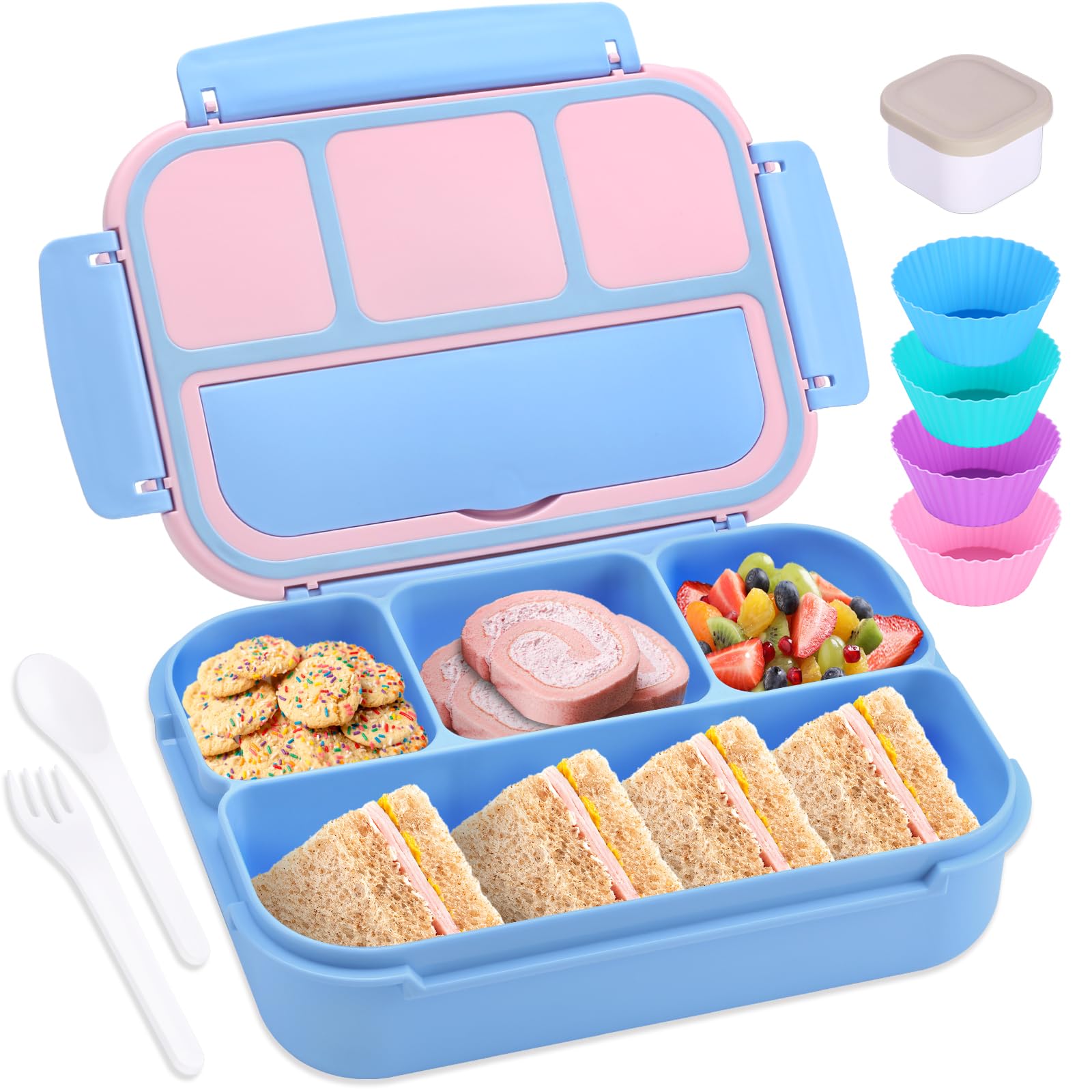 Bento Box Adult Lunch Box, Containers for Adults Men Women with 4 Compartments, Lunchable Food Container with Utensils, Sauce Jar, Muffin Liners, 40 Oz/5 Cup, Microwave & Dishwasher Safe, Brown
