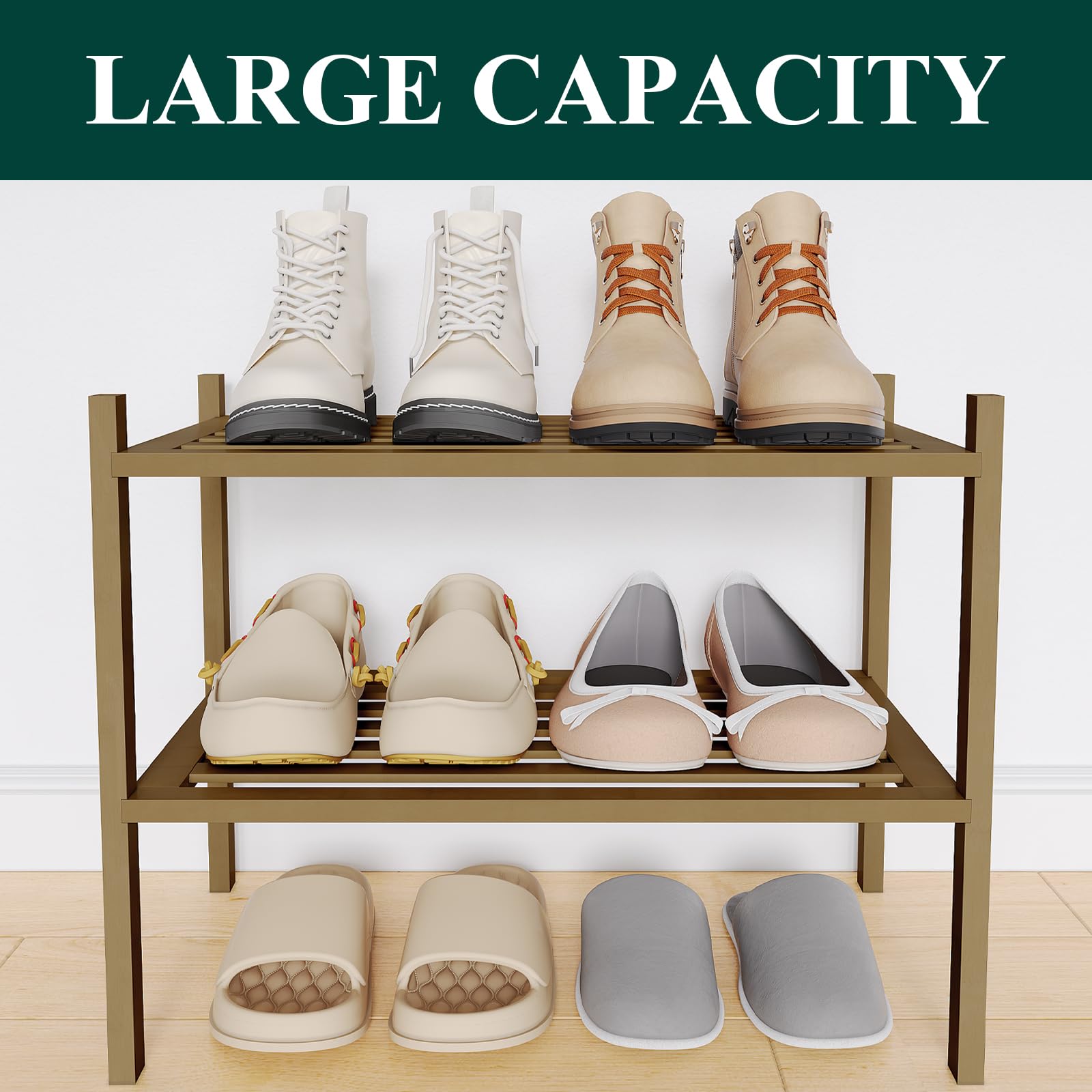 Smiry Bamboo Shoe Rack 3-Tier, Stackable Wooden Shoe Organizer for Entryway & Closet, Free Standing Wood Shoe Storage Shelf for Front Door & Small Spaces, Natural