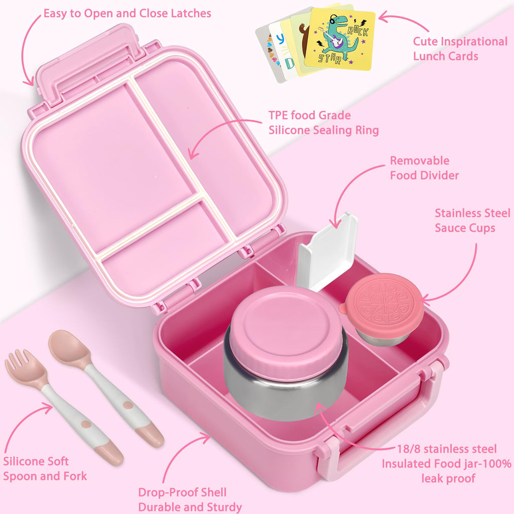 Kids Bento Lunch Box with 9oz Soup Thermo Leakproof Lunch Food Containers 4 Compartment with Insulated Hot Food Jar for Kid Toddler Girls Boys to School Trvael