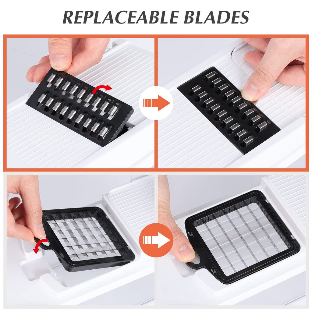 KEOUKE Vegetable Chopper Mandoline Slicer Grey - 12 in 1 Interchangeable Blades Food Chopper with Container, Hand Guard & Drainer, Veggie Dicer Kitchen Gadget for Onion, Cucumber, Tomato, Fruit