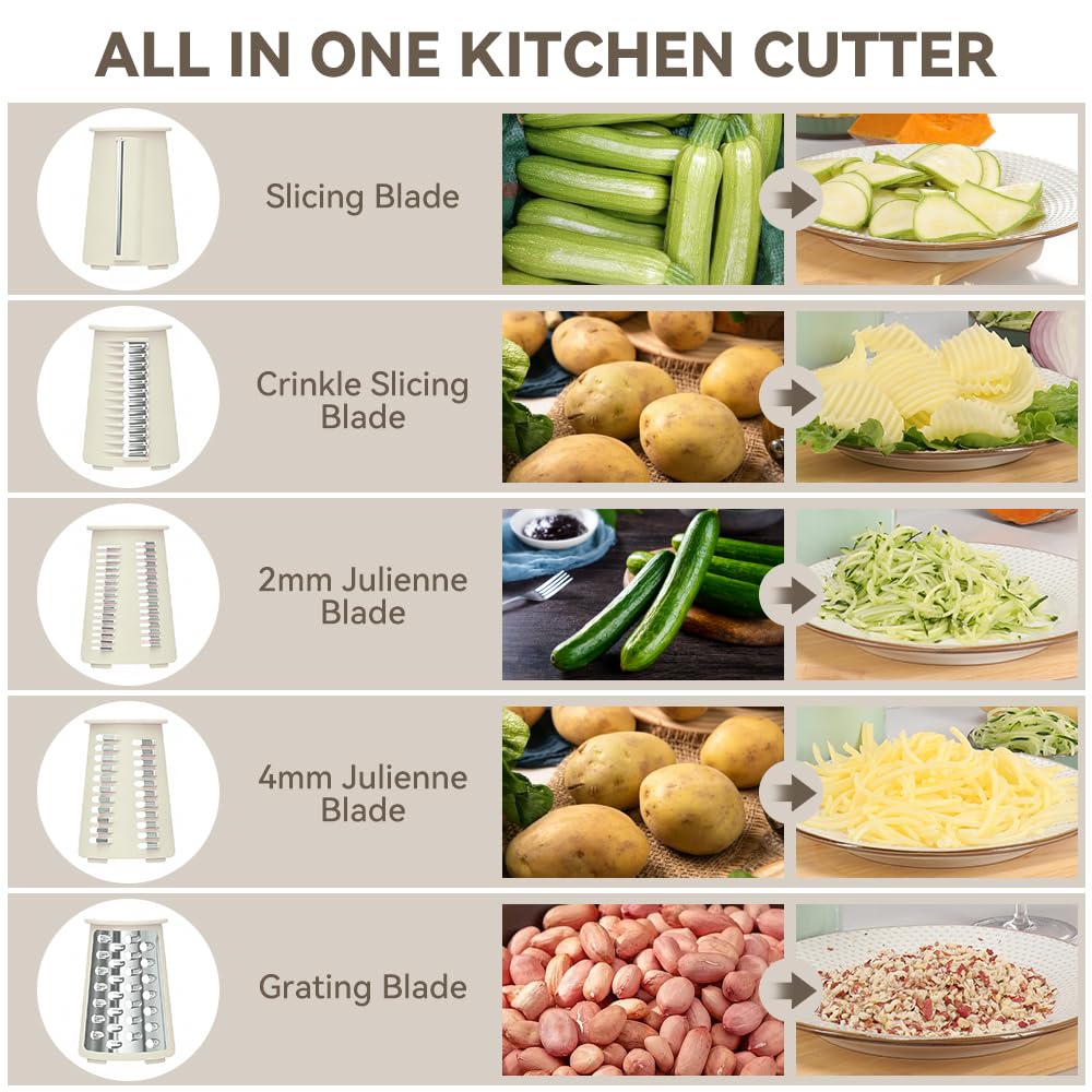 KEOUKE Rotary Cheese Grater 5 in 1 White - Hand Crank Vegetable Cutter, Shredder, Slicer, Enlarge Input, Suction Base, Labor-Saving Handle, Blade Storage Box, for Onion, Potato, Vegetable, Nuts, etc