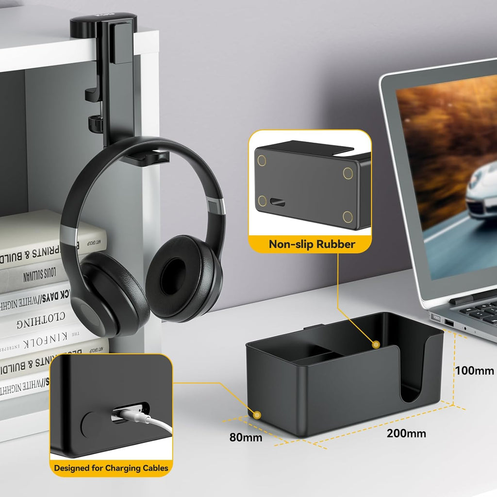 KDD Headphone Stand & Controller Holder & 4 in 1 Desk Cup Holder - Clamp on Under Desk Headphone Hanger