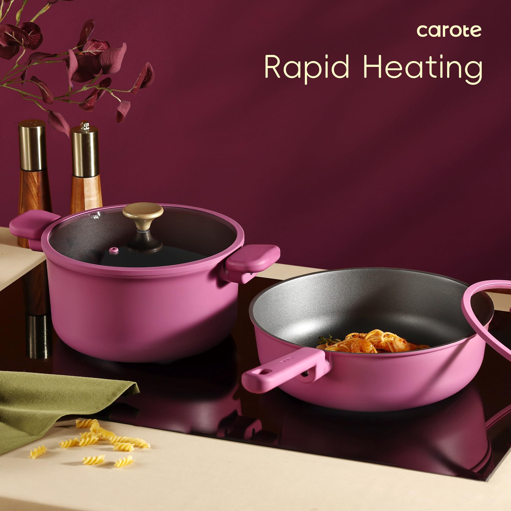 CAROTE 24pcs Ceramic Cookware Set, Pots and Pans Non Stick Kitchen Cookware Sets, Pots and Pans Set Cooking Set with Knife Set