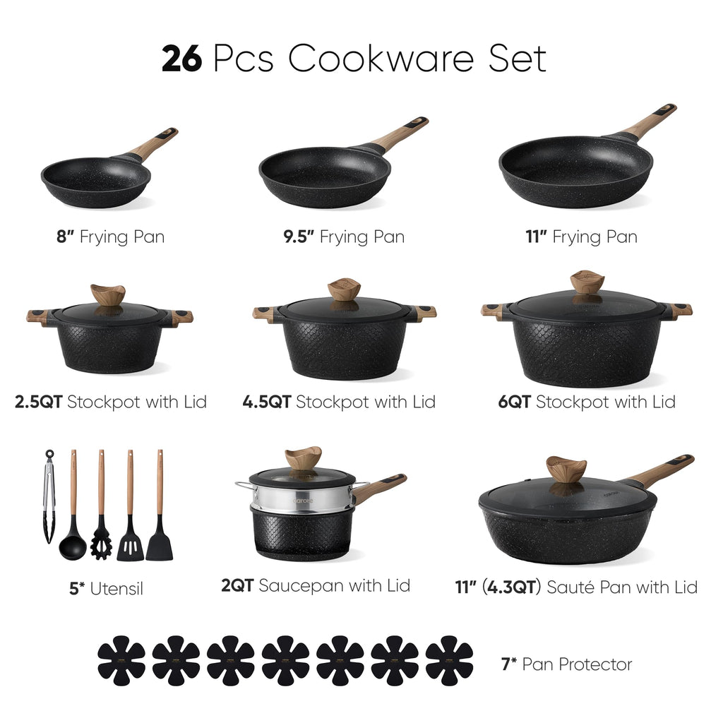 CAROTE 26PCS Pots and Pans Set Non Stick, Cookware Set Pots and Pans Induction Cook Ware, Nonstick Kitchen Cooking, PFOA Free