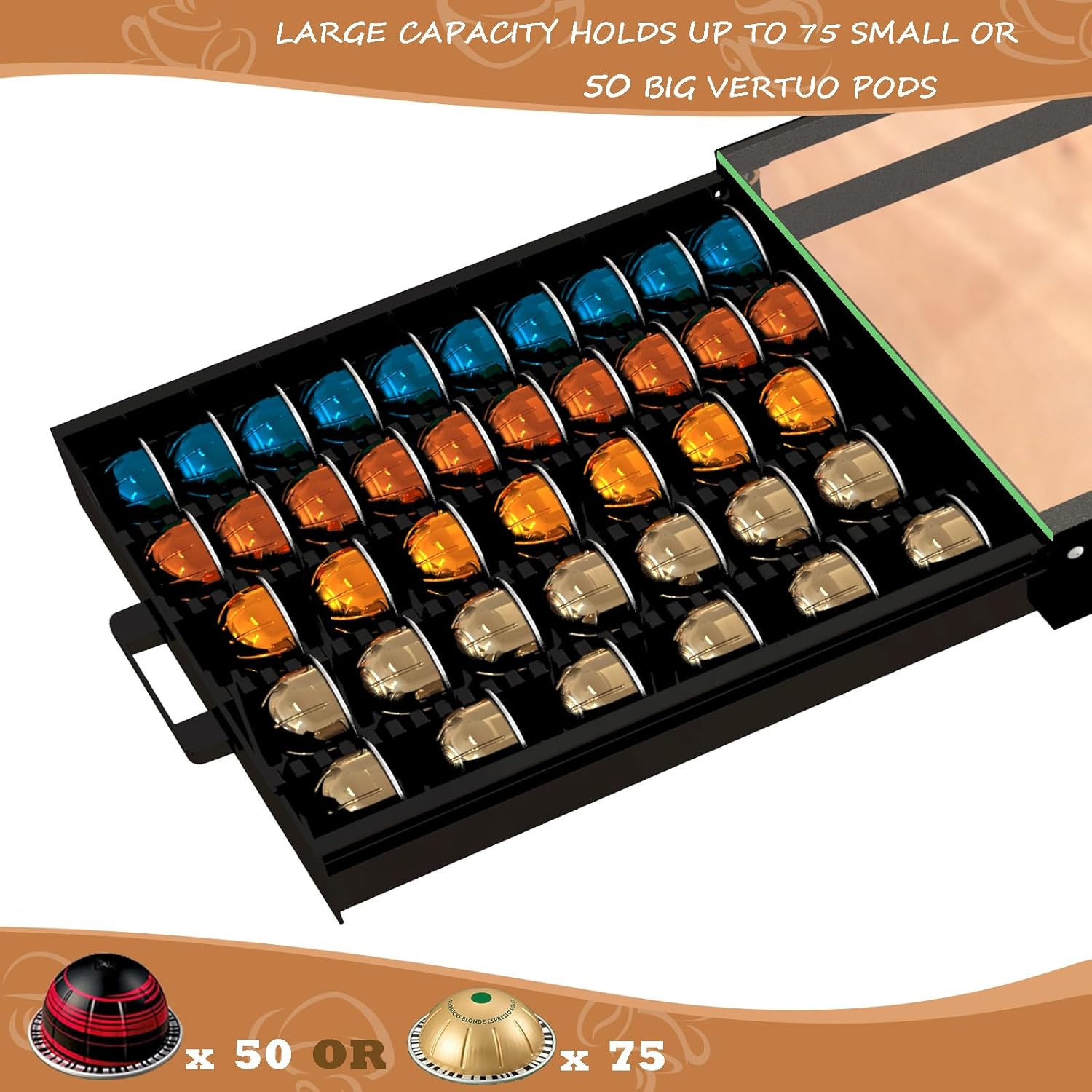 Heavy Duty Crystal Acrylic Sleek Coffee Pods Holder with Beautiful Solid Pod Drawer, Compatible for All Nespresso VertuoLine Pods, Great Capacity Holds up to 60 Small or 40 Big Vertuoline Pods