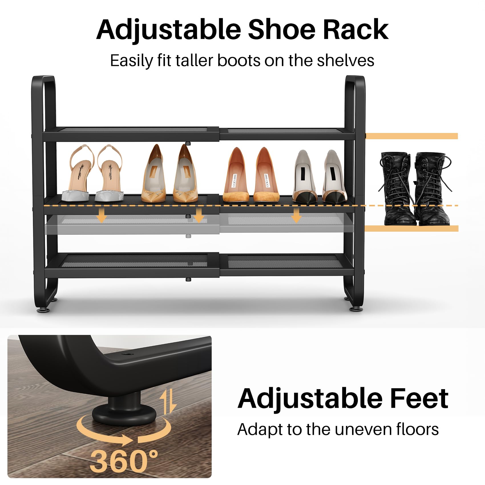 SNTD Shoe Rack - Expandable Shoe Organizer for Closet, Adjustable Metal Shoe Shelf Storage, Stackable Long Shoe Stand Holder for Garage, Entryway, Door Entrance (Black, 2-Tier)