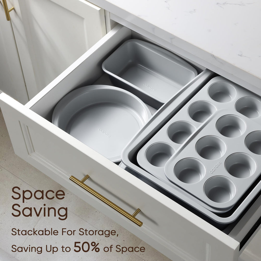 CAROTE 7-Piece Nonstick Stackable Baking Pans Set - Bakeware Sets Including Cookie Sheets for Baking, Muffin Pan, Bread Pan, Cake pan, Loaf Pan, Roasting Pan, Gray & Khaki