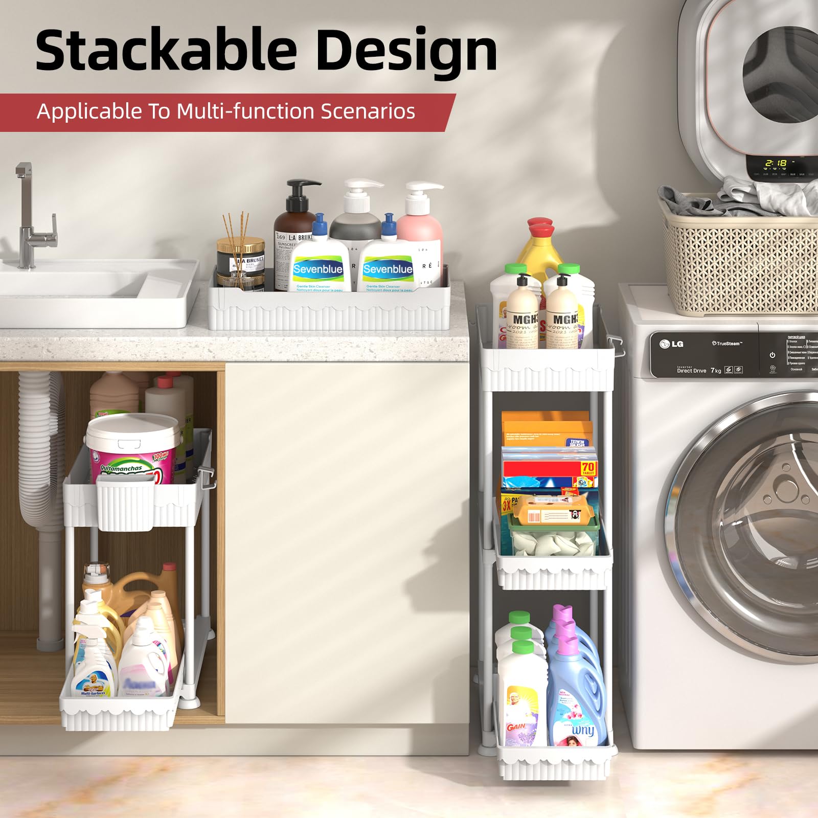 4 Pack Under Sink Organizer, Bathroom Organizers and Storage, 2 Tier Multi-Use Pull Out Cabinet Organizer with Hang Hooks and Cups (Black, 4 Pack)