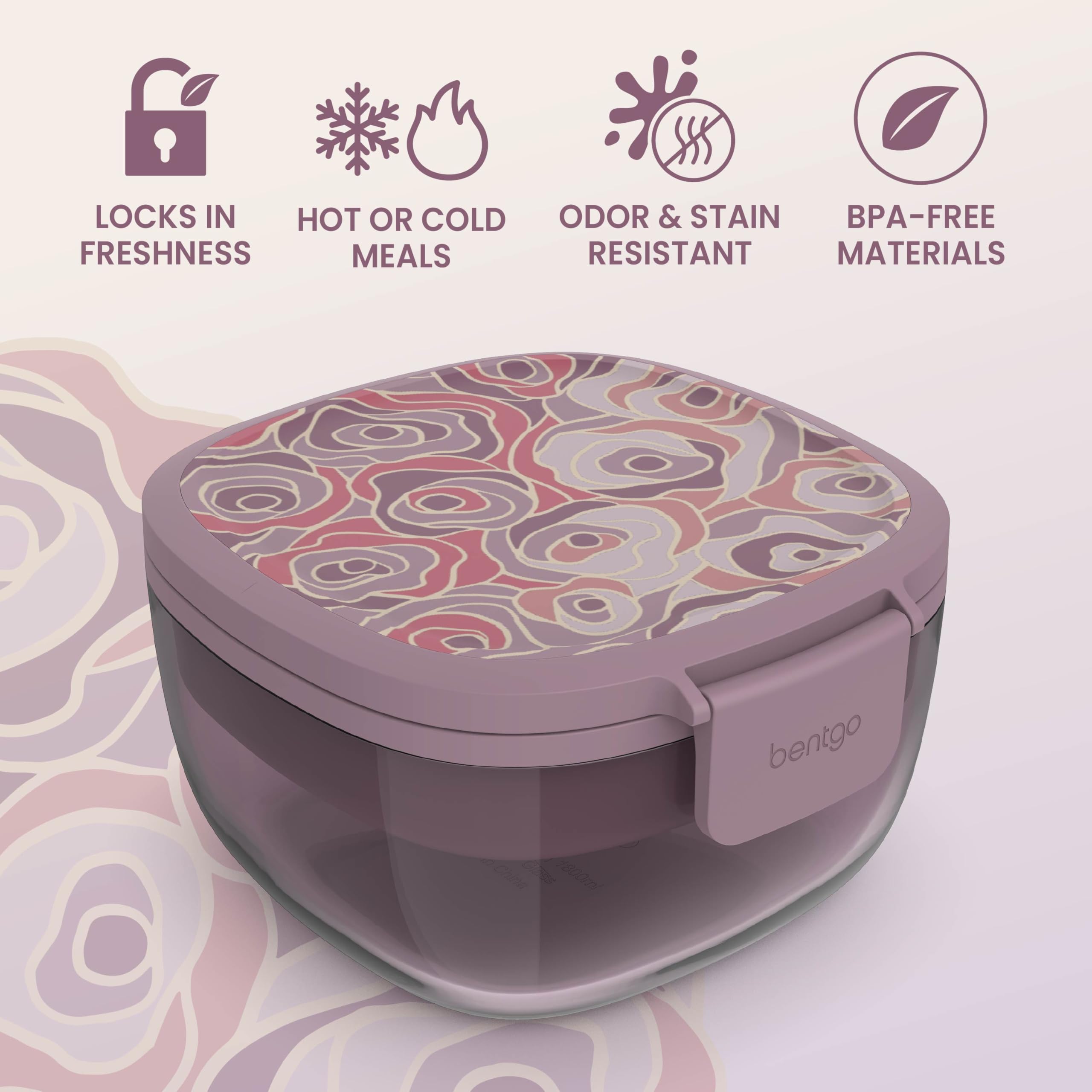 Bentgo Glass Salad Container - 7.6-Cup Salad Bowl with Airtight Lid, Leak-Proof Sauce Container, 4-Compartment Bento Tray & Reusable Fork - BPA-Free for Meal Prep, Office & More (Lavender)