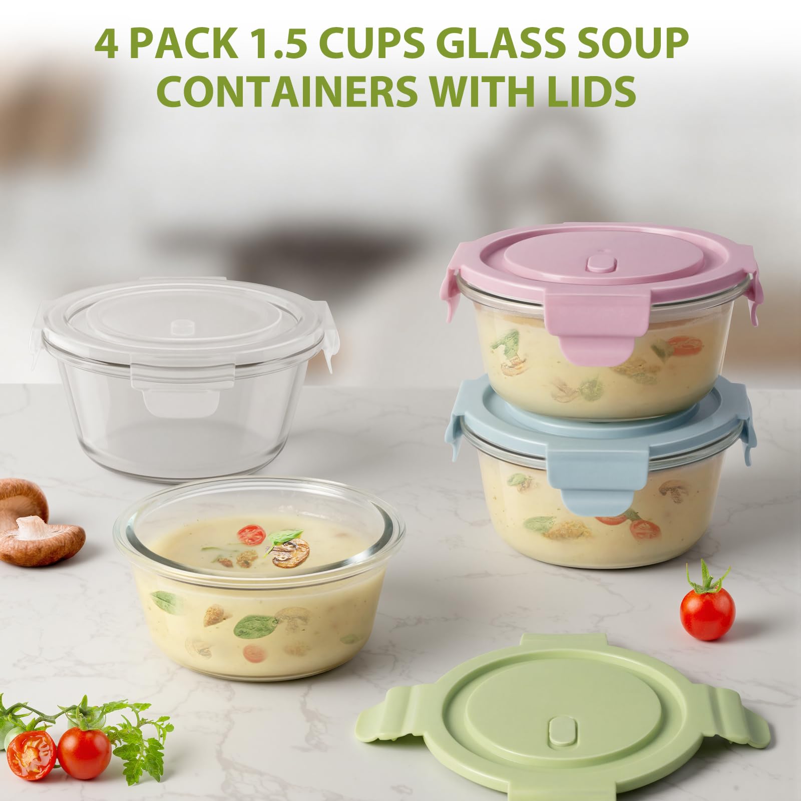 16oz Glass Meal Prep Containers, Airtight 2 Cup Glass Storage Containers with Lids, Heat-Resistant BPA-Free Borosilicate Glass Soup Container for Leftover, Microwave, Dishwasher&Freezer Safe (4 Packs)