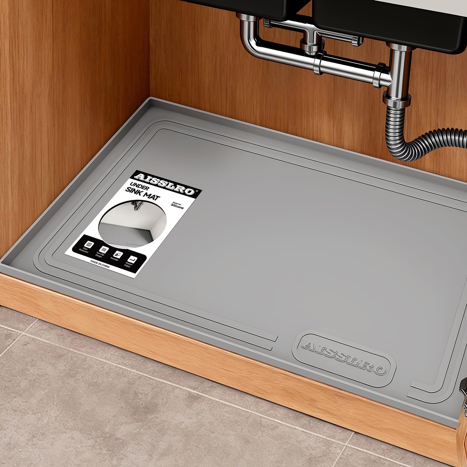 Aisslro Under Sink Mat 22" X 19", Waterproof Silicone Cabinet Protector with Raised Edge, Kitchen & Bathroom Leak Tray, Shelf Liner & Pet Feeding Mat for Dog Cat Food Mats, Light Gray