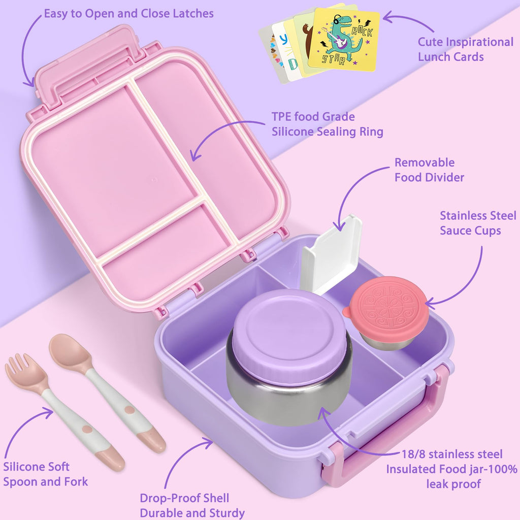 Kids Bento Lunch Box with 9oz Soup Thermo Leakproof Lunch Food Containers 4 Compartment with Insulated Hot Food Jar for Kid Toddler Girls Boys to School Trvael