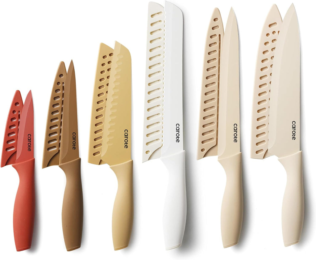 CAROTE Knife Set, 12 Pieces Kitchen Knife Set, 6 Stainless Steel Knives with Blade Guards & Nonstick Ceramic Coating, Rustproof, Color-Coded, Ergonomic Handles