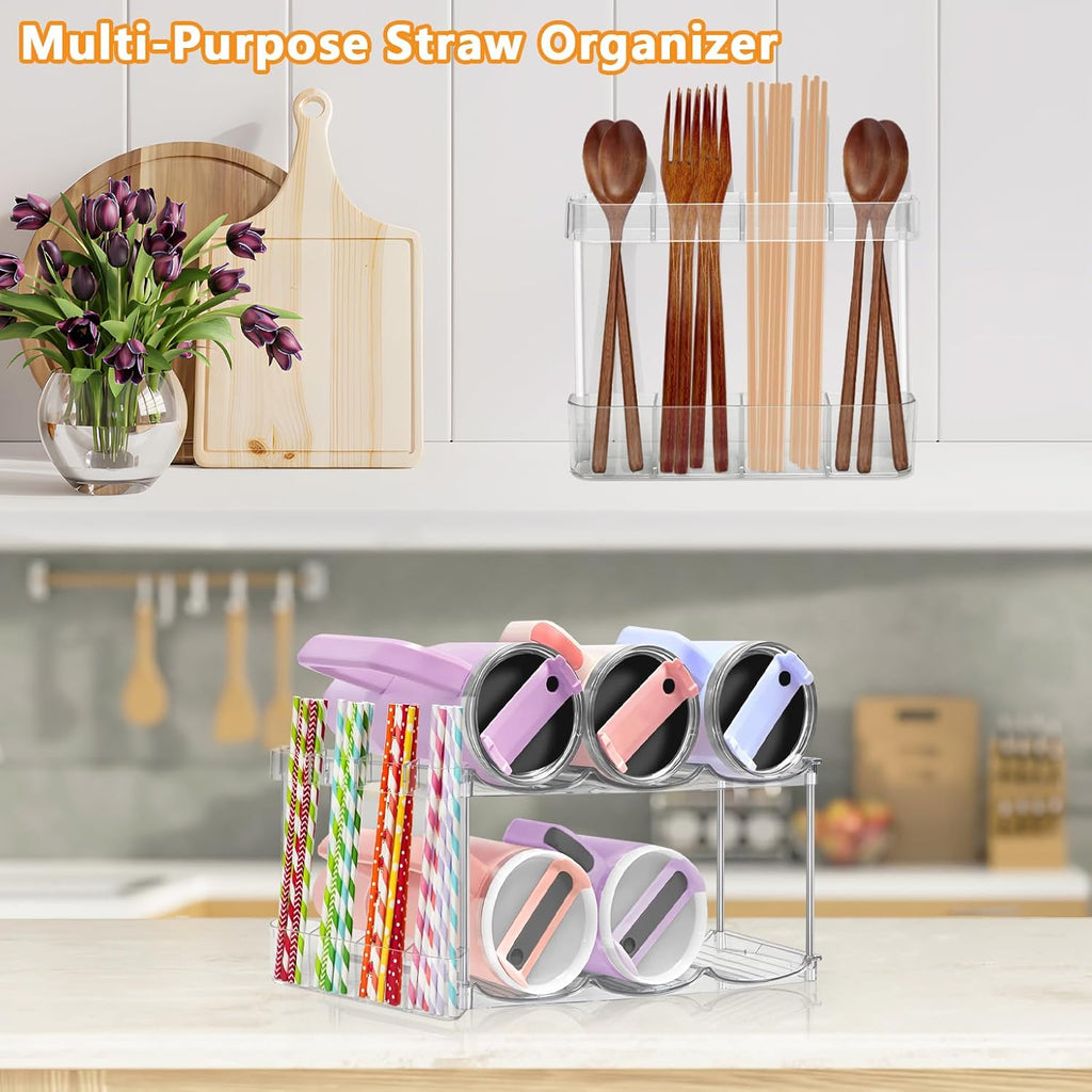 Homecor Water Bottle Organizer, Large Compartment Stackable Kitchen Pantry Organization and Storage Rack& 2 Pack Acrylic Straw Holder for Cabinet Door
