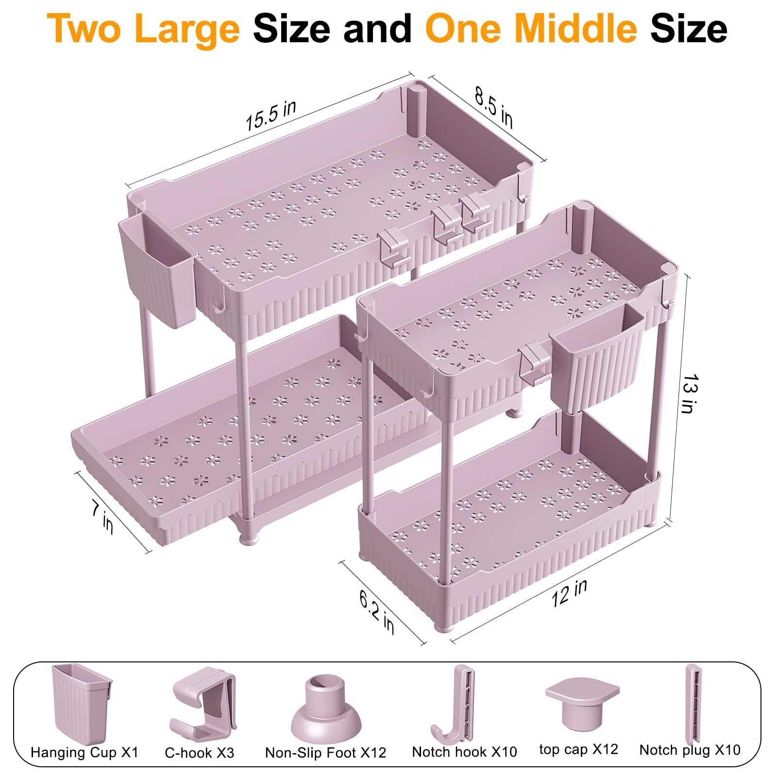 3 Pack Under Sink Organizers, 2-Tier Multi-Use Kitchen and Bathroom Organizers and Storage with Sliding Drawers，Bathroom Cabinet Organizer (Black, 12.8 Inch)
