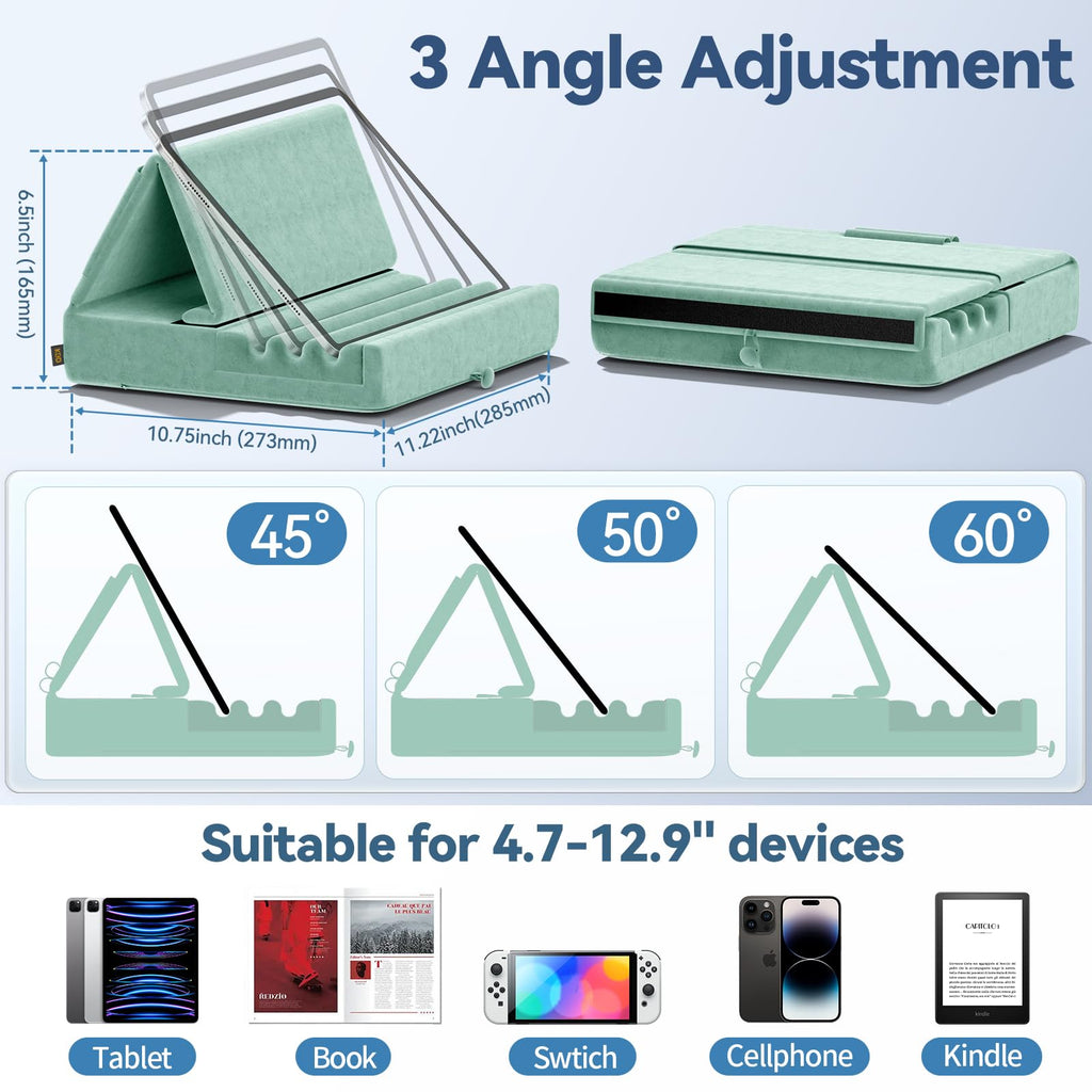 KDD Tablet Pillow Holder, Foldable iPad Stand for Lap, Bed and Desk -Tablet Soft Pad Dock with Pocket & Stylus Mount Compatible with iPad Pro 12.9, 10.5, 9.7 Air Mini 6 5 4 3, Galaxy Tab,E-Reader