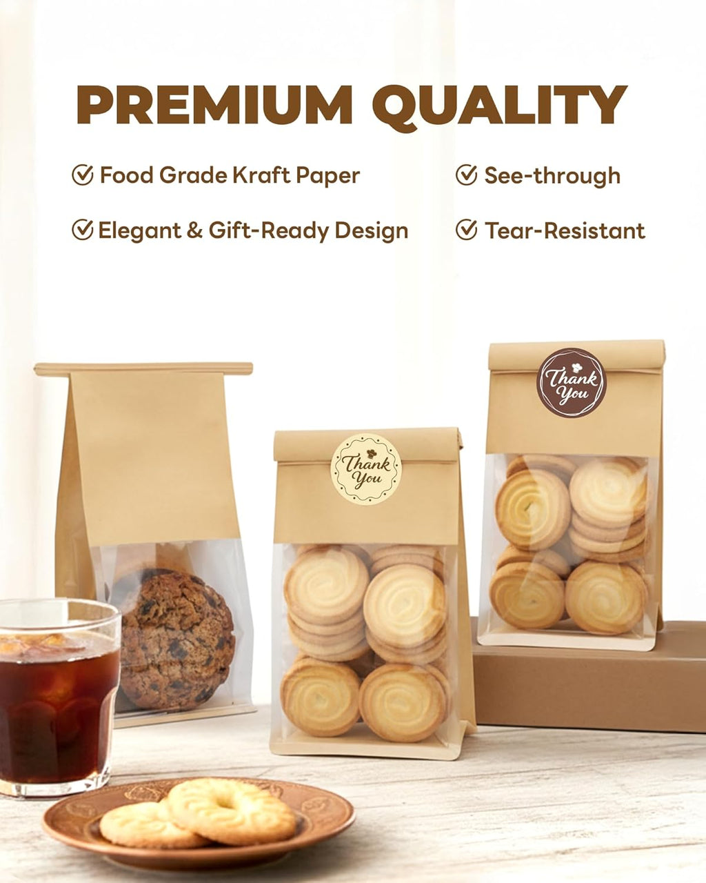 50 Pcs Small Cookie Bags with Seal, 3.9x3.1x8.2 Inches Tin Tie Tab Lock Bakery Bags with Window, Resealable Paper Cookie Packaging Bag for Muffin, Treat, Brownie, Candies, Granola