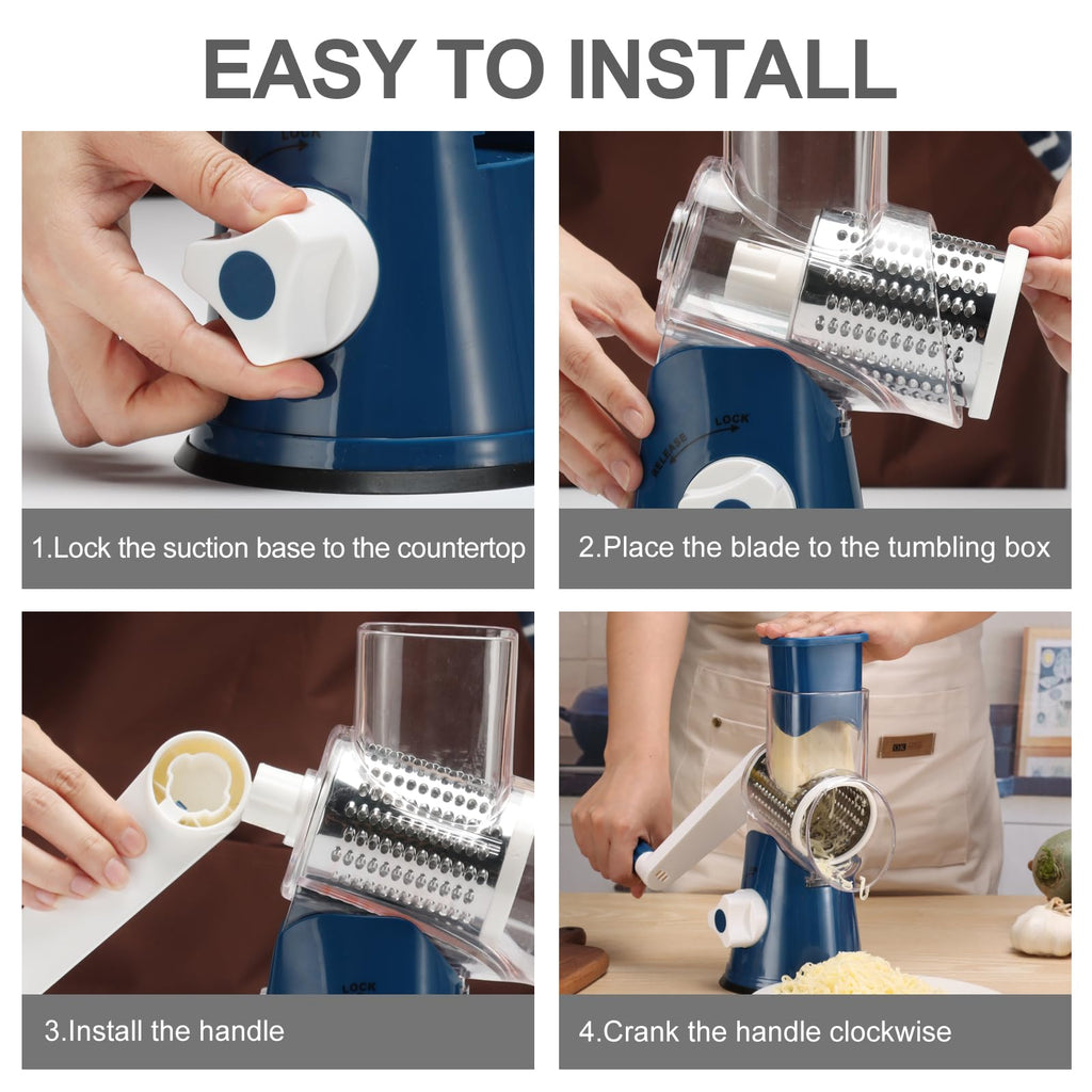 Cambom 5 in 1 Rotary Cheese Grater Hand Crank Cheese Shredder for Fresh Cheese, Vegetable, Nuts,Non-slip Suction Base, Black