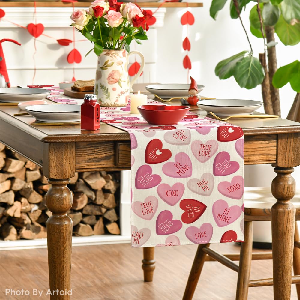 Artoid Mode Ture Love Heart Valentine's Day Table Runner, Seasonal Kitchen Dining Table Decoration for Home Party Decor 13x72 Inch
