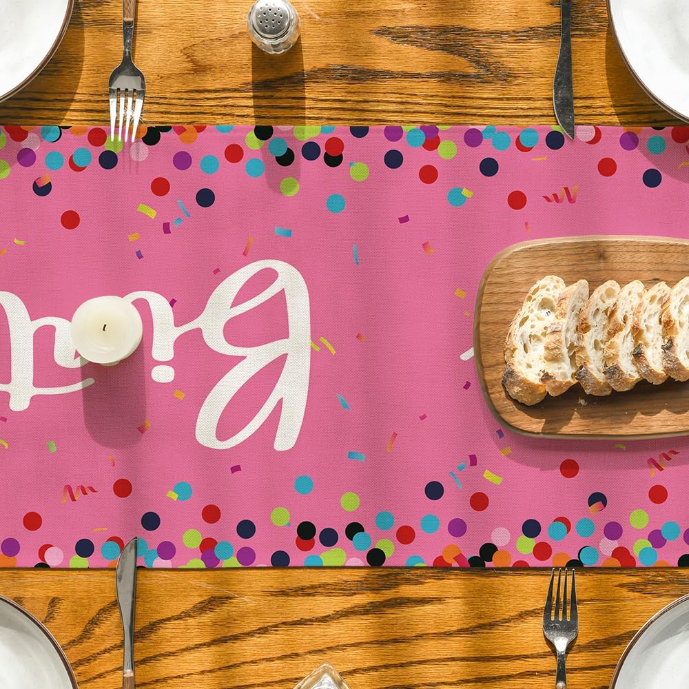 Artoid Mode Polka Dot Beige Happy Birthday Table Runner, Seasonal Kitchen Dining Table Decoration for Home Party Decor 13x72 Inch