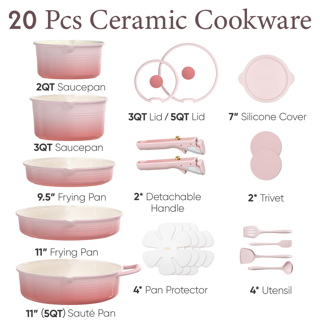 CAROTE 20Pcs Titanium Cookware Set, Pots and Pans Set Non Stick, Kitchen Cooking Set with Detachable Handle, Non Toxic Induction Cookware, Dishwasher/Oven Safe