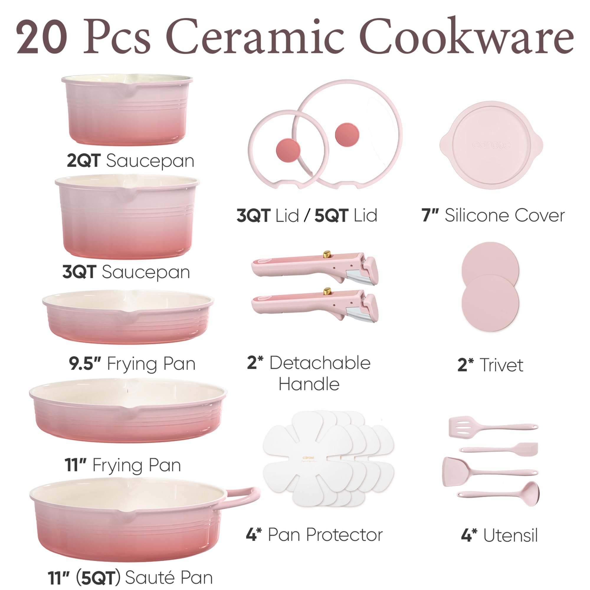 CAROTE 20Pcs Titanium Cookware Set, Pots and Pans Set Non Stick, Kitchen Cooking Set with Detachable Handle, Non Toxic Induction Cookware, Dishwasher/Oven Safe